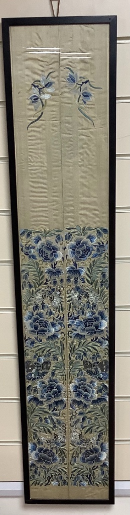 A pair of 19th century Chinese sleeve bands, framed, 96 x 17cm